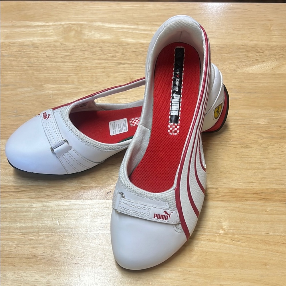 Puma by Ferrari White and Red Loafers Sleek and Comfortable